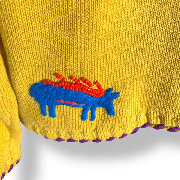 Vintage 90s Michael Simon Henri Bendel Yellow Beaded Abstract Cardigan Large - Picture 11 of 15